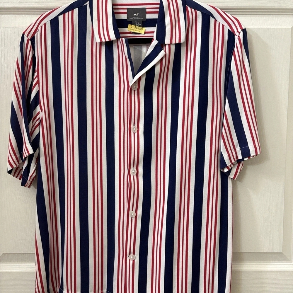 H&M Men’s Short-Sleeve Button-Up Shirt — Red, White & Navy Stripe